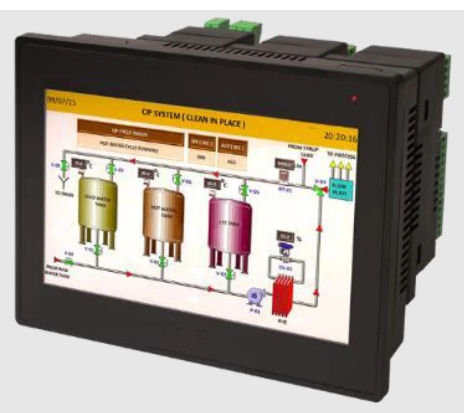 An HMI/PLC unit running a clean-in-place screen for a food process