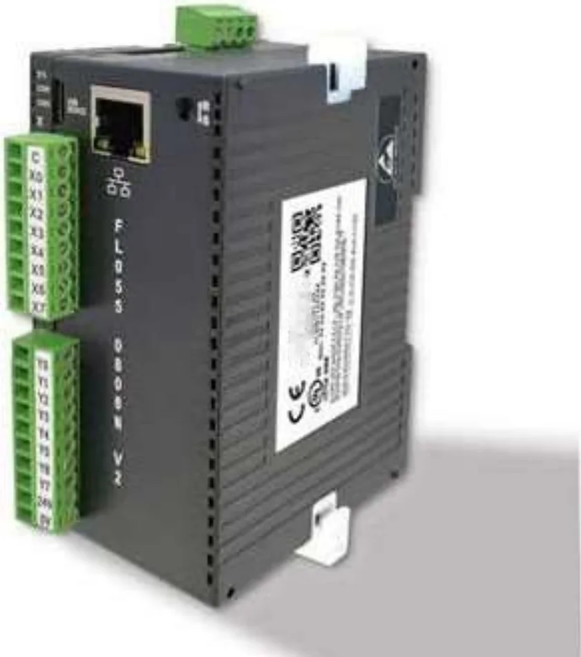 A DIN-rail standard PLC with an Ethernet port and pluggable terminal blocks